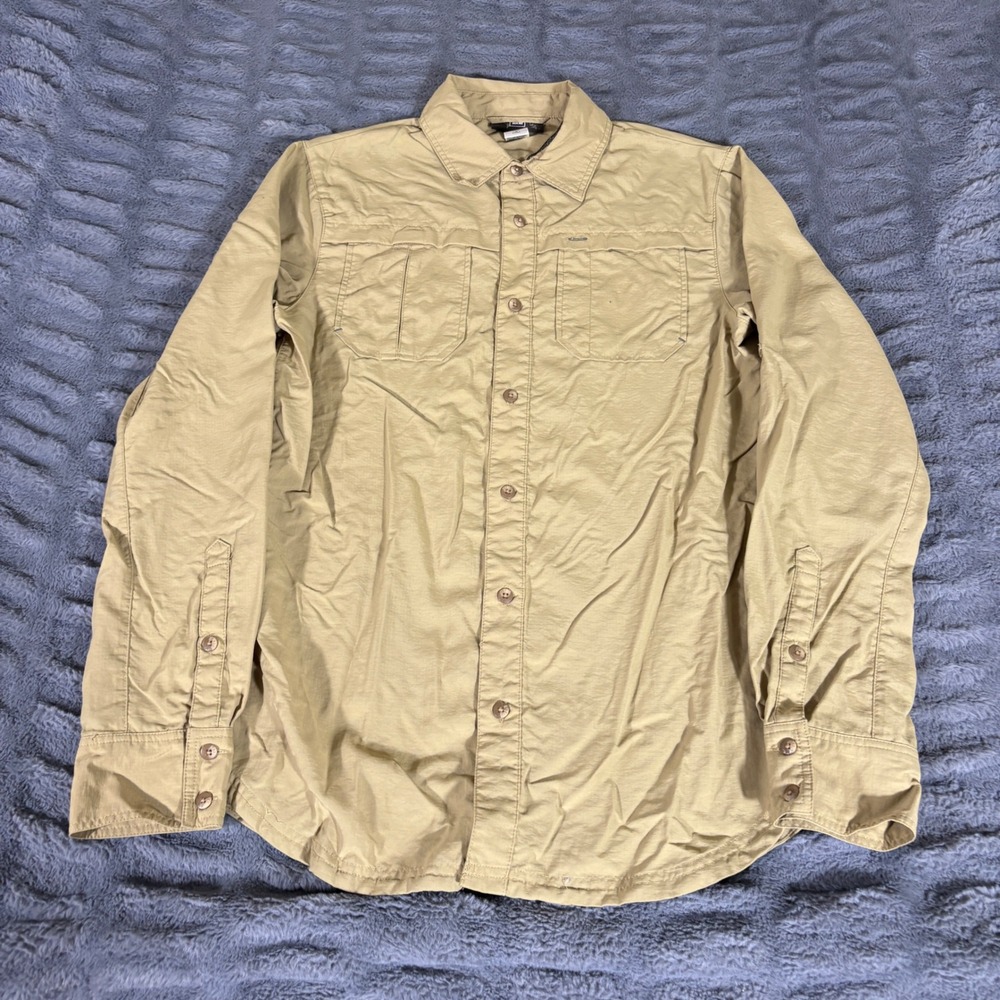 REI Boys XL 18 Sahara Hiking Shirt Tan Khaki Vented Long Sleeve Nylon Button Up
